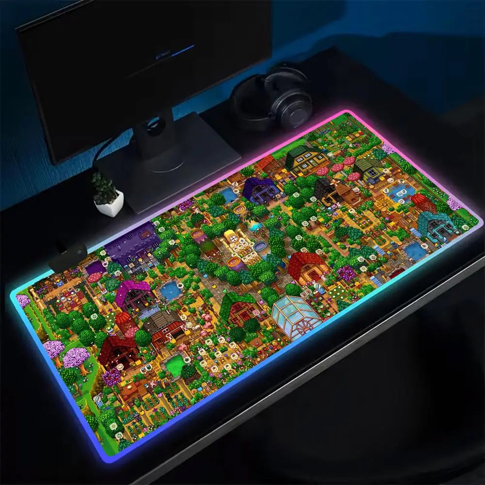 Super Farmer S-STARDEW VALLEY Mouse Pad Anime Gaming Mouse Pad LED Table Pads Backlit Rubber Desktop XXL Mousepad RGB Desk Mats