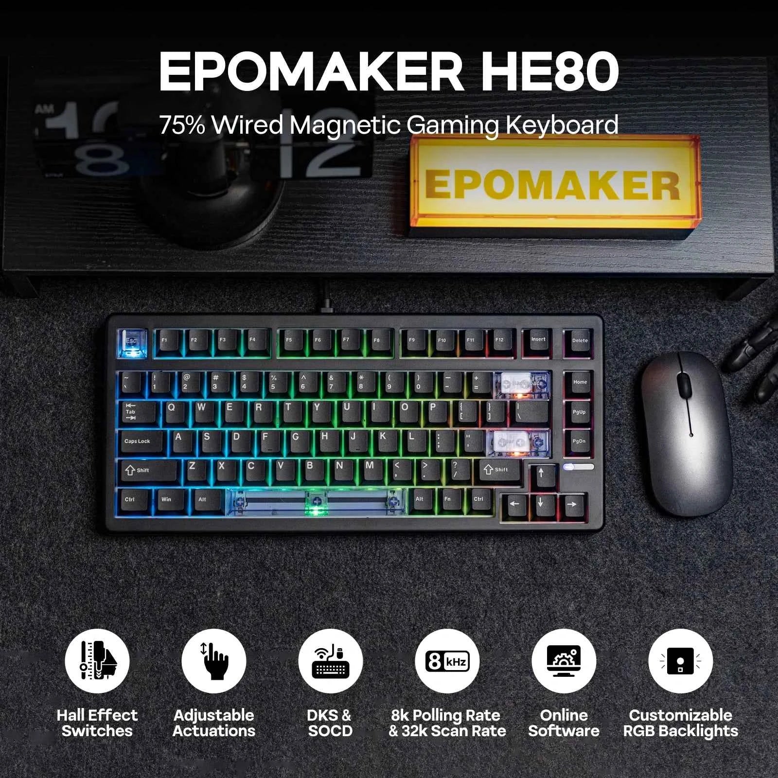 EPOMAKER HE80 75% QWERTY US Layout Hot-Swap Gasket Wired Hall Effect Mechanical Keyboard with DKS & SOCD