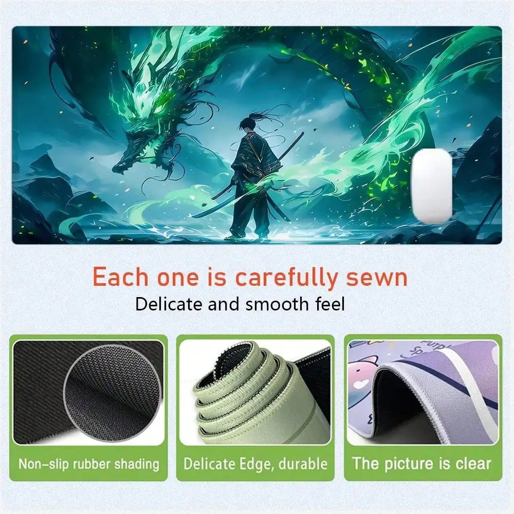 Purple Dragon Mouse Pad Anime Design Desk Mat Office Desk Accessories With Stitched Edge Non-Slip XXL Mousepad Rubber Base Keyboard Pad 35.4x15.7 Inch E-Sports