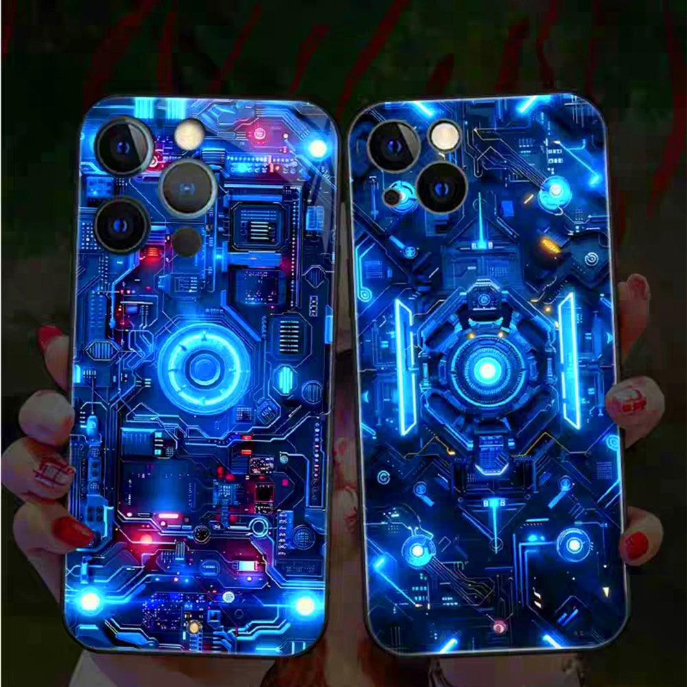 Luxury Blue Chip Pattern Luminous Glass LED Call Light Up Flash Phone Case Cover For iPhone Air 17 16 E 15 14 13 12 Pro Max Plus