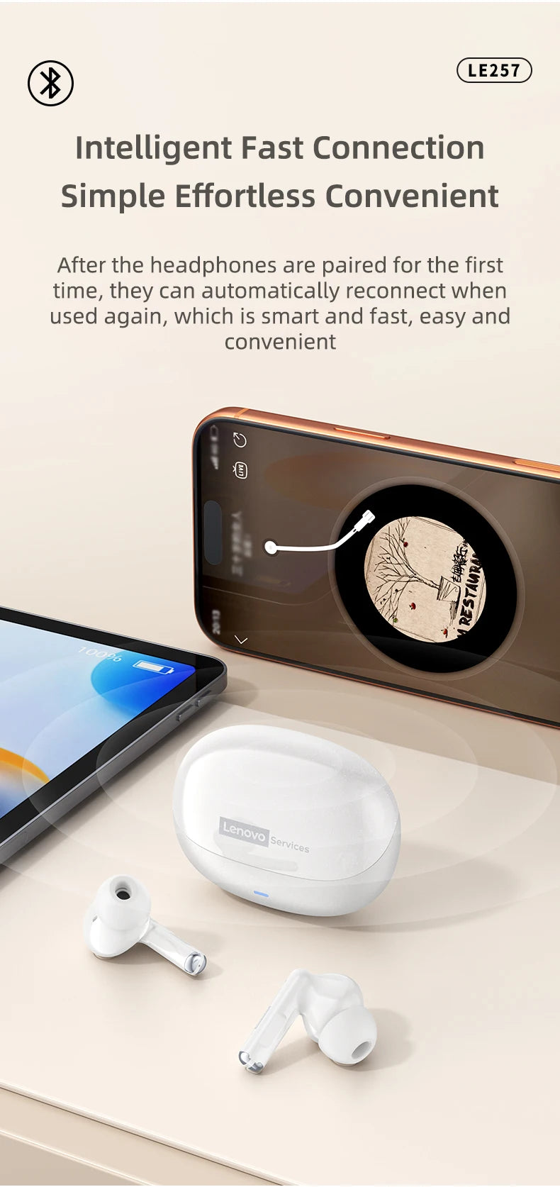 Lenovo LE257 Wireless Bluetooth 6.0 Earphones HiFi Sound ENC Call Noise Reduction TWS Headphones Gaming Sports Headset with Mic