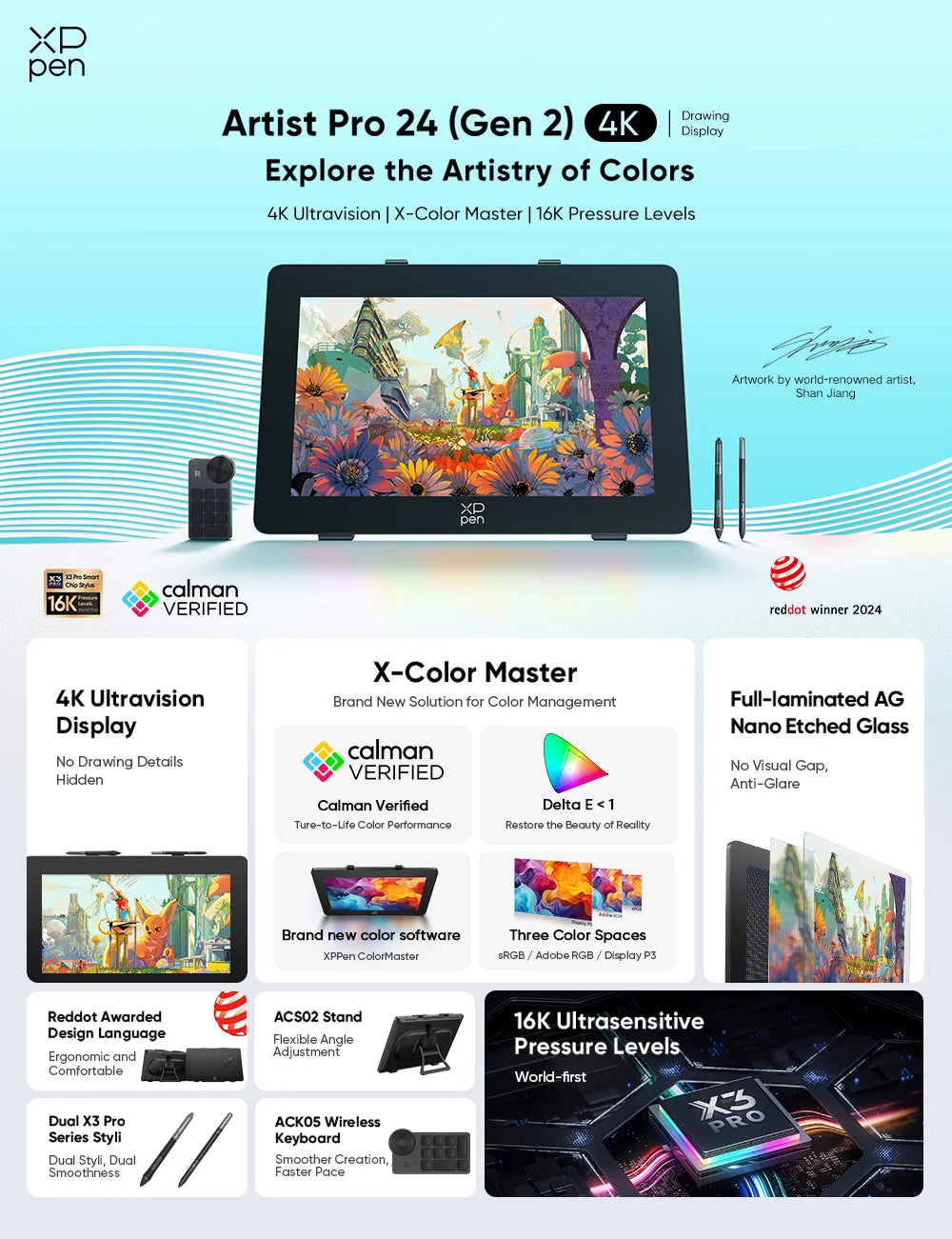 XPPen 4K Artist Pro 24 (Gen 2)  Graphics Tablet Monitor 23.8 Inch Calman Verifed Display Dual 16K Levels Stylus Support 60 Tilt