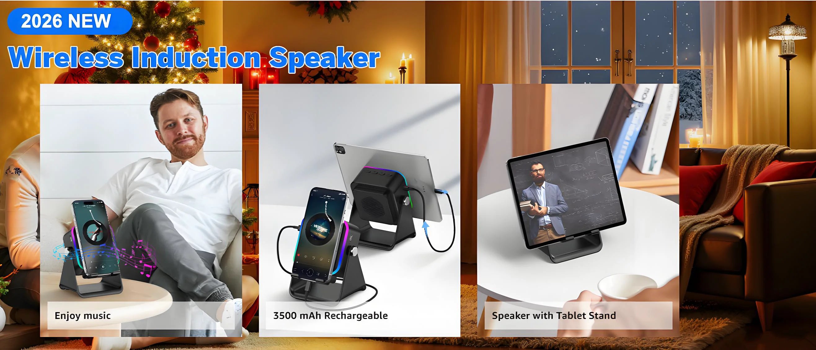 5 in 1 Wireless Induction Speaker with RGB Lights HIFI Sound Portable Bluetooth Phone Holder 8 Modes Auto-Induction Christmas Gift