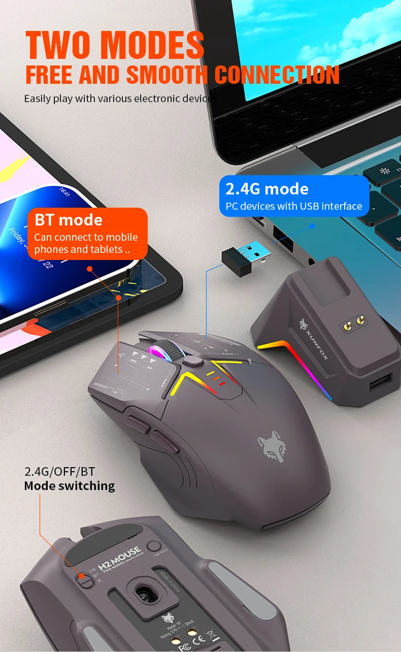 H2 Mouse, lightweight S205, three-mode wireless Bluetooth mouse for gaming, charging, RGB lighting, suitable for