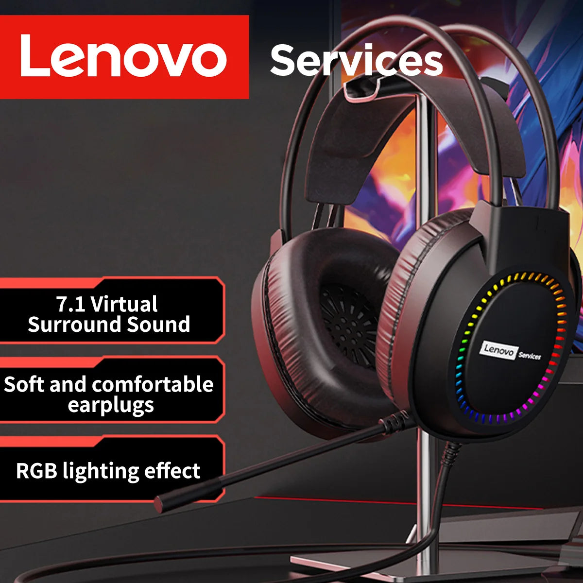 Lenovo Over-Ear Headphones with Microphone, Gaming Headphones, Rgb Lighting, Cool Colorful Lights, Suitable for Desktop and Laptop Computers, Comfortable, Sound-Isolating, and Noise-Cancelling