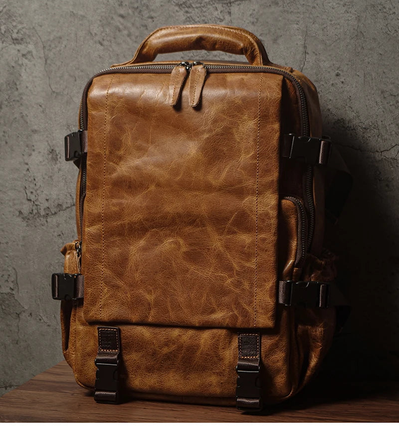 NUKA Men Top Grain Leather Backpack 15 Inch Laptop Bag For Daily Commute Travel Outdoor Hiking Genuine Leather Durable Rucksack
