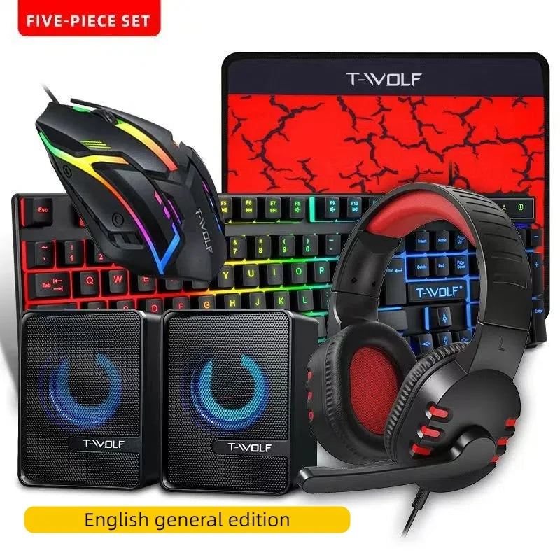 T-WOLF Thunderwolf TF880 Wired Keyboard, Mouse, Headphones and Audio Five-piece E-sports Game Enjoy Super Fast Moving Speed.