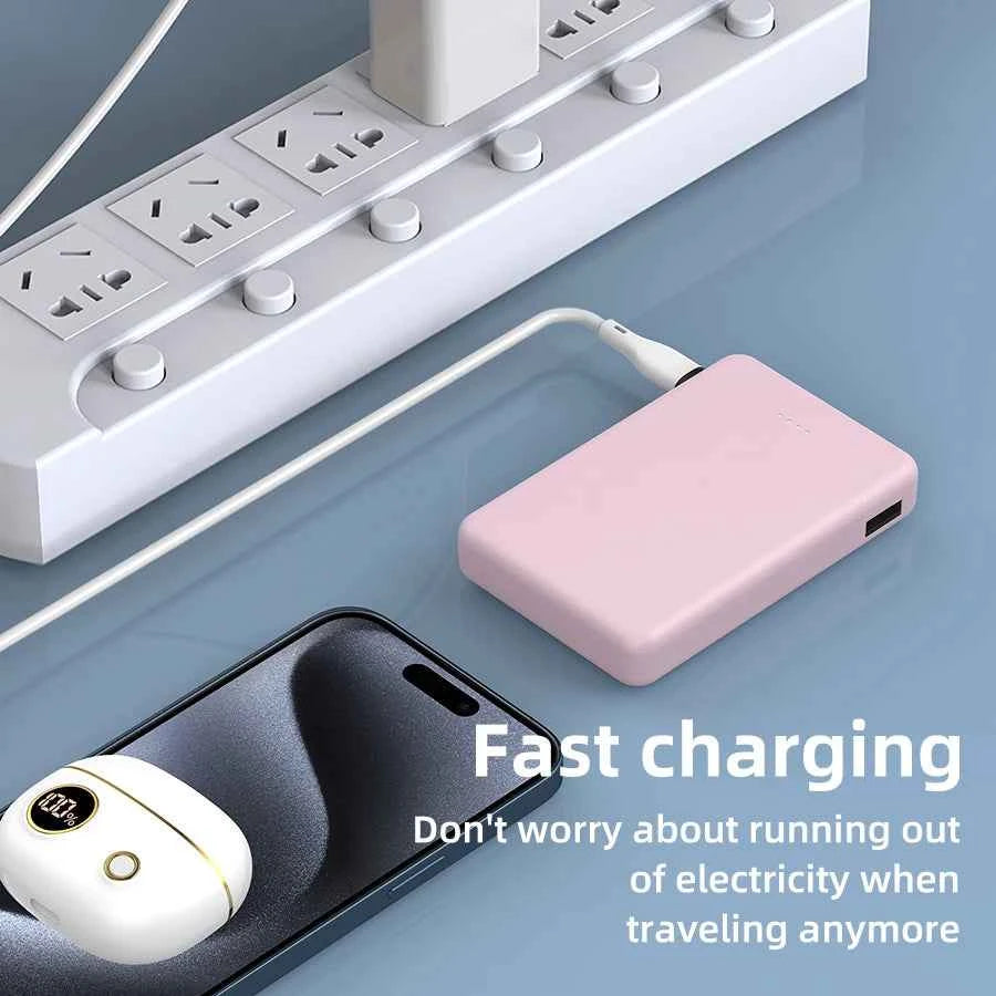 Mini 5000mAh Portable Power Bank With Built-in LED Digital Display, 1 USB-A Port and 3 Integrated Charging Cords, Ultra Compact External Battery Pack, Support Multiple Devices Simultaneous Charging Compatible With  Android Sm