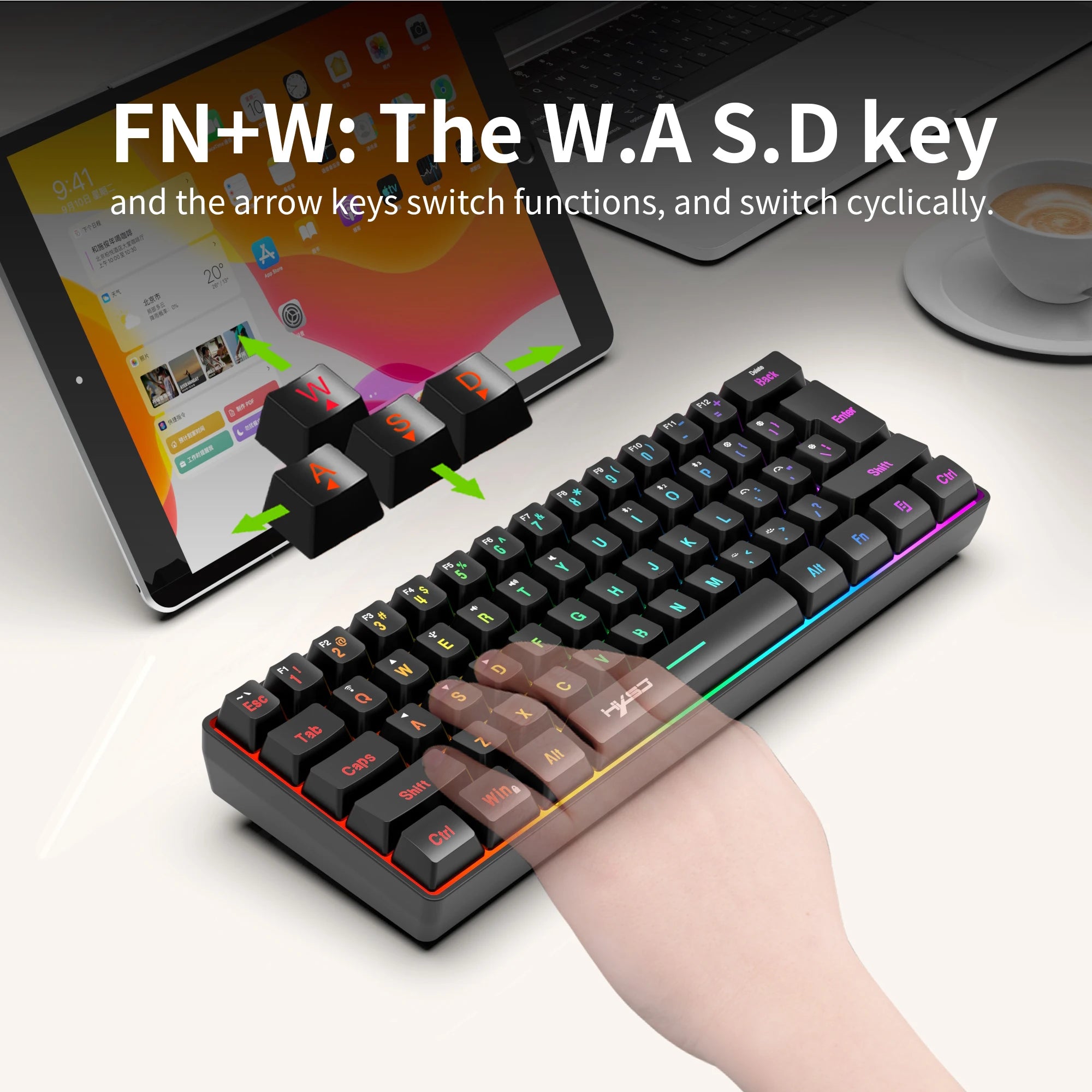 HXSJ 60% Wireless Gaming Keyboard and Mouse Combo,LED Backlit Rechargeable 2000mAh Battery,Mini Mechanical Feel Anti-ghosti