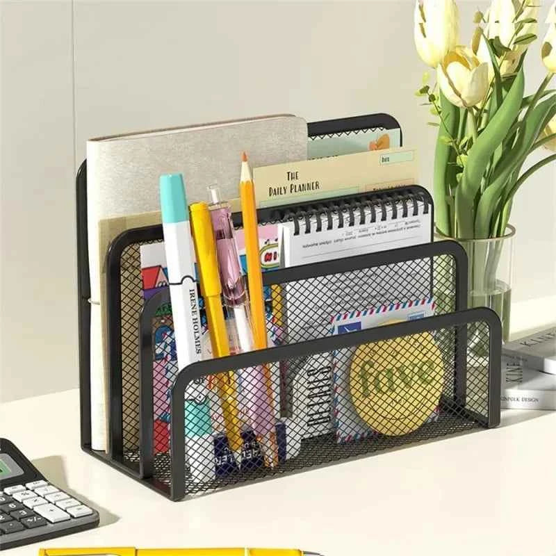 3-Layer Black Metal Mesh Notebook Stand Rack Desk Organizer for Papers Magazines Documents Books - Office Supplies