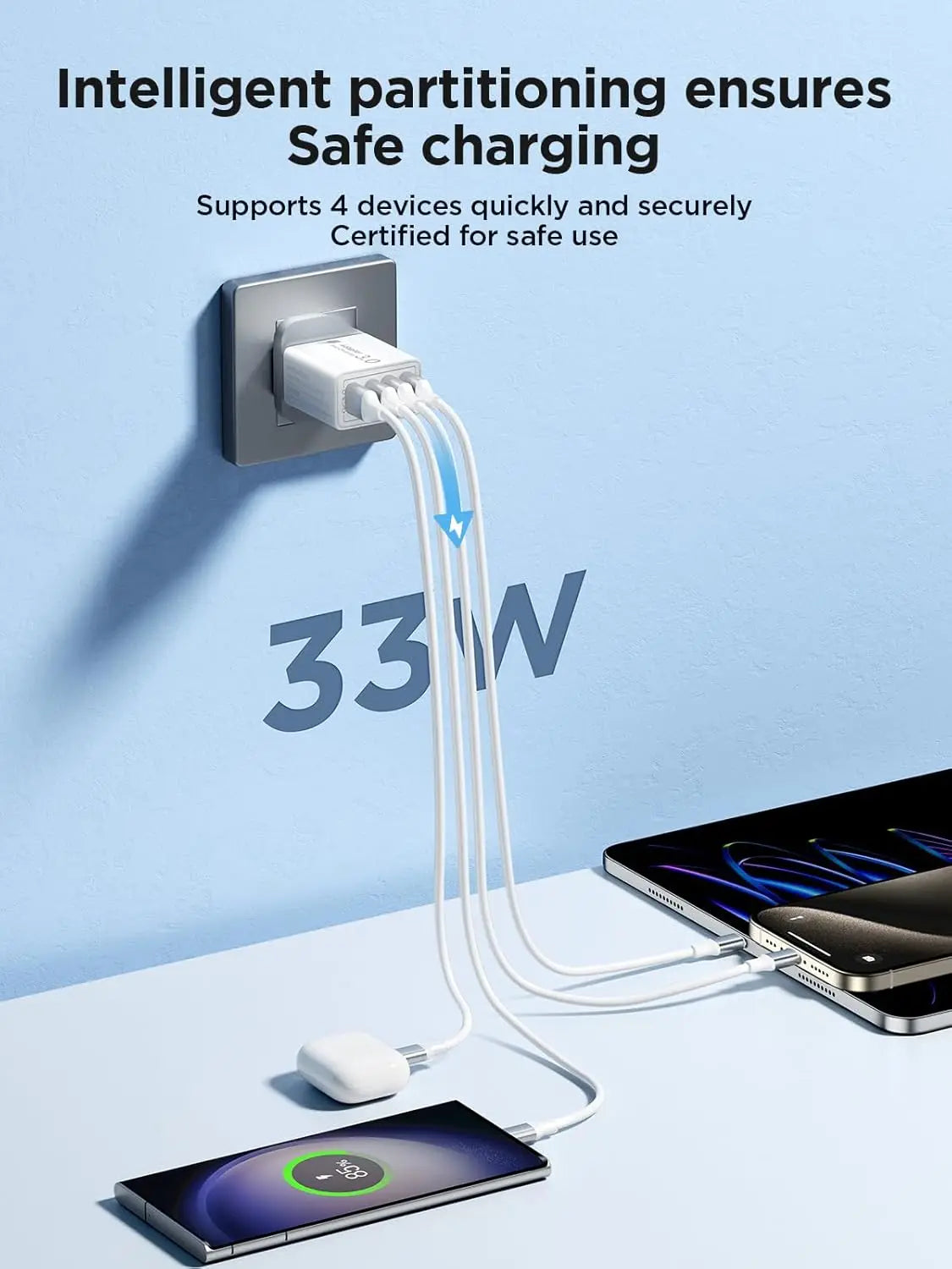 UK Plug 4-Port USB-A Wall Charger Block, 33W QC3.0 Fast Charging Adapter Phone Chargers Blocks For iPhone Huawei Xiaomi