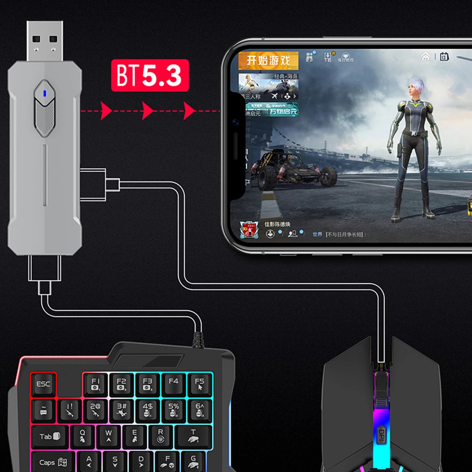 5 in 1 Mobile Game Converter Keyboard Mouse Gaming Set for PUBG Wired RGB Backlit Keyboard with Wrist Rest for Android System