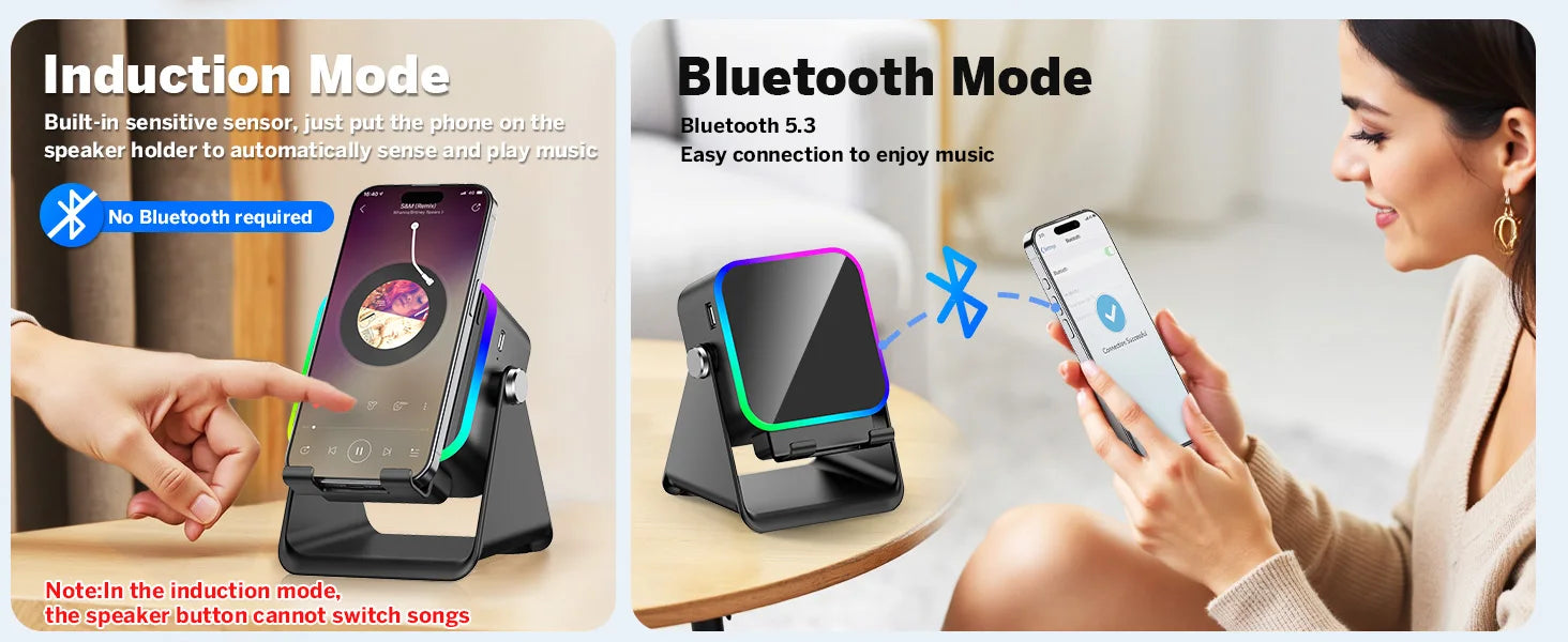 5 in 1 Wireless Induction Speaker with RGB Lights HIFI Sound Portable Bluetooth Phone Holder 8 Modes Auto-Induction Christmas Gift