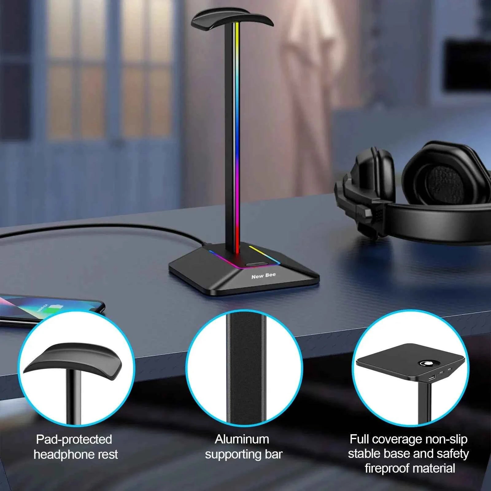 New Bee Z8 RGB Headphones Stand Holder – Desk Gaming Headset Organizer with USB Ports