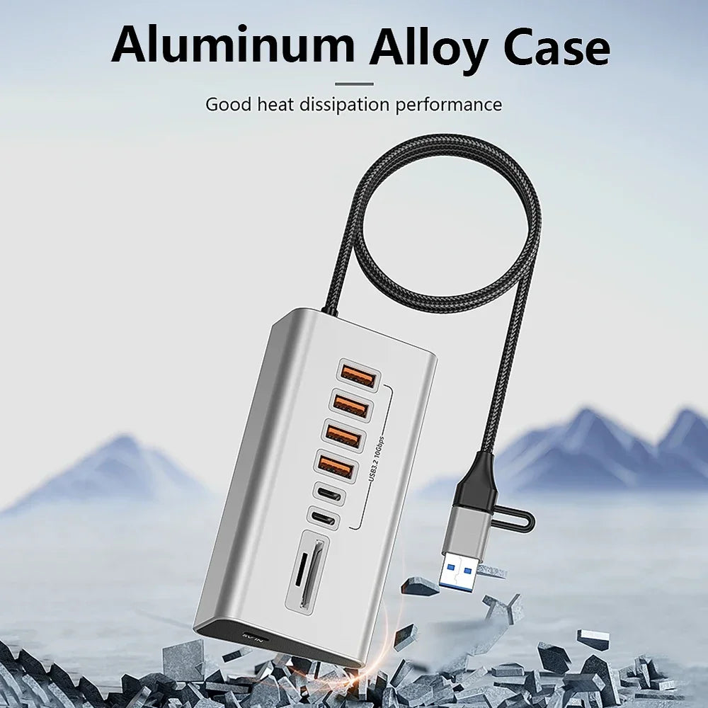 USB 3.2 10Gbps Hub USB Docking Station Type C Splitter with Card Reader Aluminum Alloy Multi 8/9 Ports Switch For PC Laptop