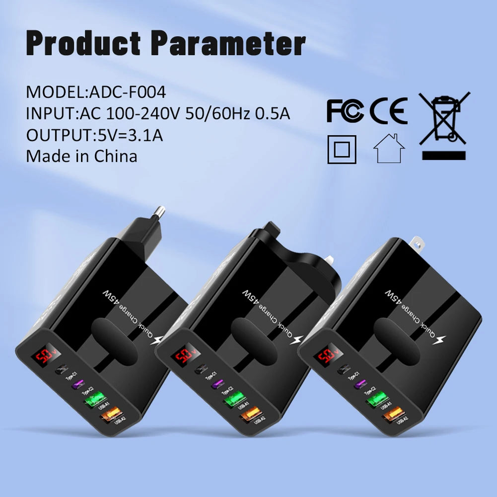 45W Multi Plug Wall Charger 2 Type-C 4 Ports Fast Charging Head Digital Display Quick Charger Head for iPhone 14 Xiaomi Samsung