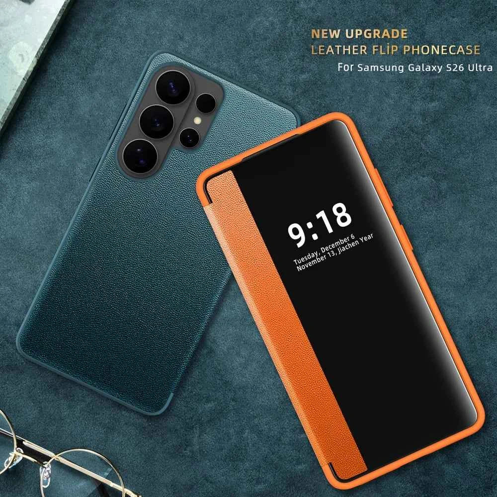 Flip Cover Smart Screen Protector Leather Case For Samsung S26 Ultra S25 S24 Plus S23 S22 S21 FE Shockproof Soft Silicone Cover
