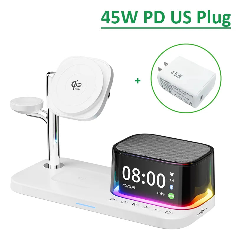25W Magnetic Wireless Charger Stand Bluetooth Speaker Fast Charging For iPhone Samsung S26 S25/Z Fold 7 Galaxy Watch Ultra 8 7