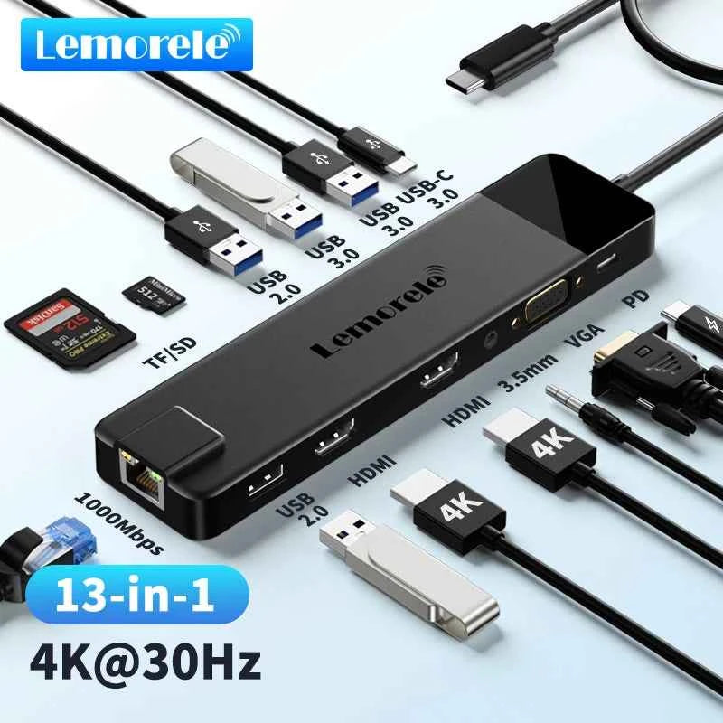 Lemorele USB-C Hub 13-in-1 Gigabit Docking Station VGA USB Type C Hub 4K30Hz HDMI-compatible USB 3.0 Adapter RJ45 PD100W