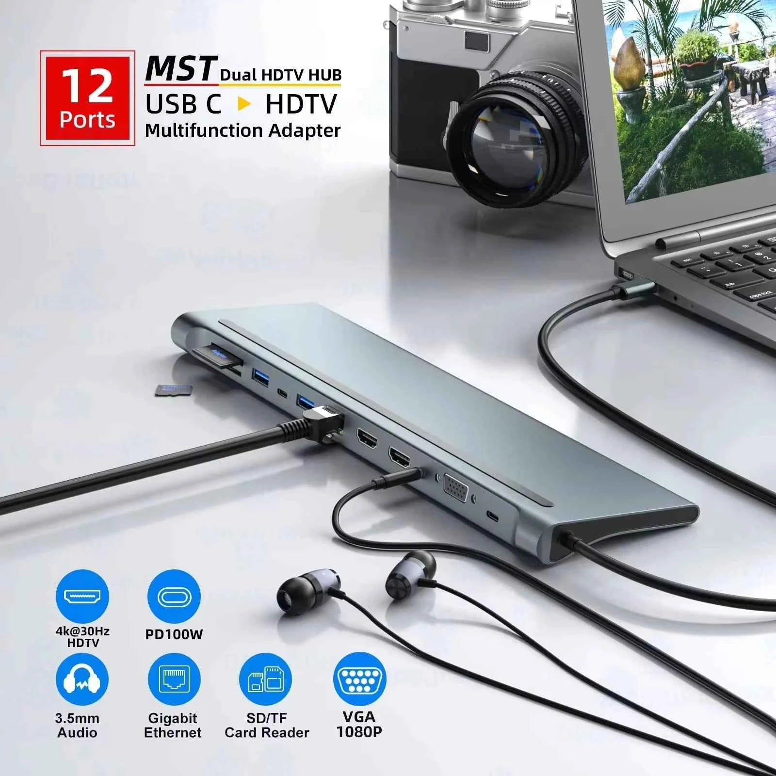 12 in 1 MST USB C Docking Station with USB Ports Dual 4K HDTV VGA 3.5 Audio PD 100W SD TF Ethernet Laptop for MacBook Dell XPS