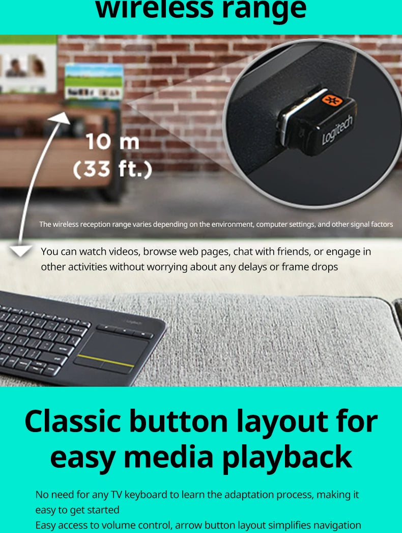 Logitech K400 Plus Wireless Keyboard Touchpad TV Compatible Long Battery Life for Windows Android TV