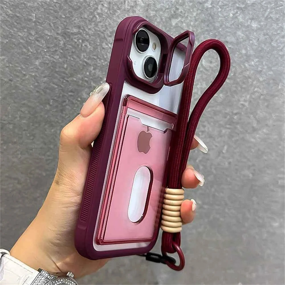 Acrylic Card Holder Fold Camera Bracket Clear Case for iPhone 16 15 14 13 12 11 Pro Max Plus Wrist Hand Strap Shockproof Cover