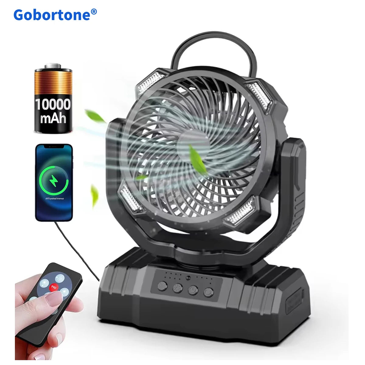 Gobortone Outdoor Camping Fan 10000mah Desk Table Rechargeable Fan With Power Bank Lighting USB Portable Outdoor for Tent