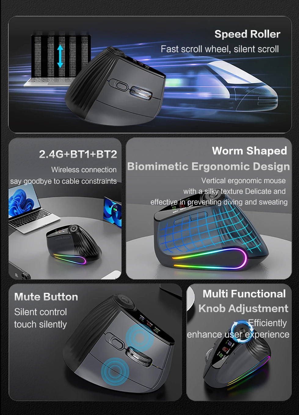 JOMAA Backlit Bluetooth Wireless Vertical Mouse With OLED Screen Rechargeable USB Wired Gaming Mouse 24000DPI Speed Roller