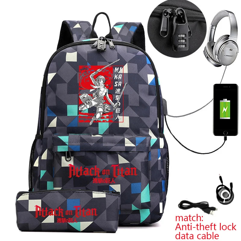 Attack on Titan Anime Print School Backpack Anti-Theft Laptop Bag for Boys Girls with Pencil Case
