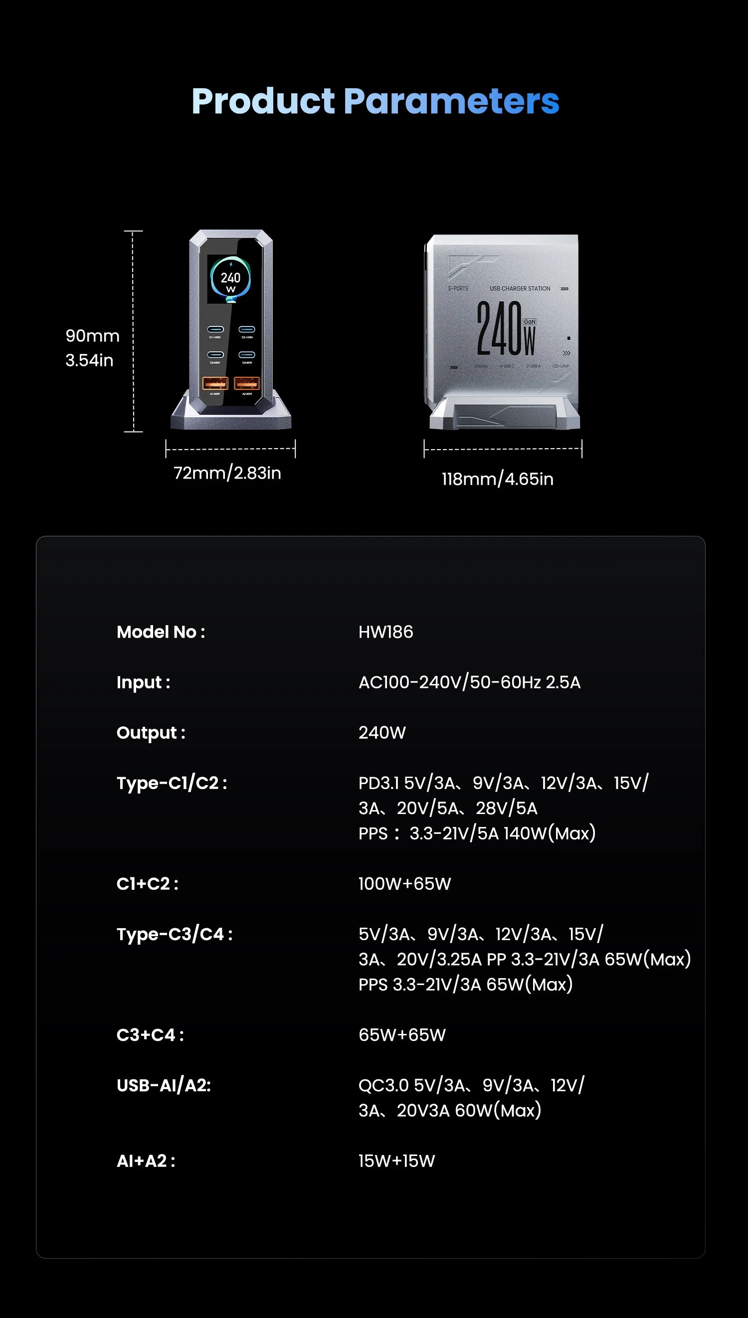 240W Digital GaN Charger PD3.1 140W USB Type C 6 Ports Desktop Fast Charging Station for IPhone Samsung Xiaomi MacBook Laptops