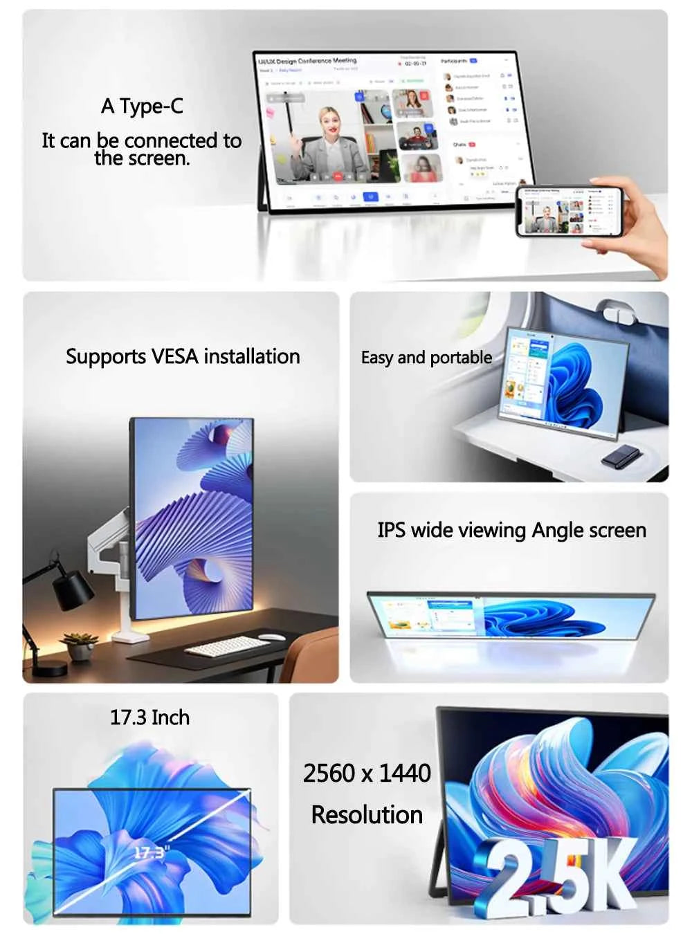 UPERFECT 2K 144Hz Portable Gaming Monitor 17.3 Inch 400Nits QLED Second External Laptop Screen PC Display USB-C HDMI With VESA