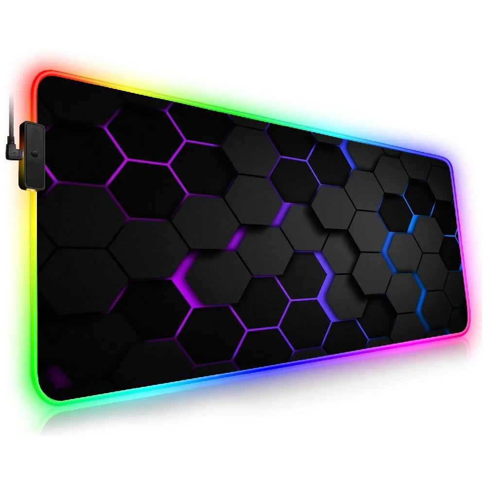 LED Lighting RGB Mouse Pad E-sports Game Keyboard Pad Table Mats Geometric Hexagons Pc Accessories Deskmat Mousepad Gamer Anime
