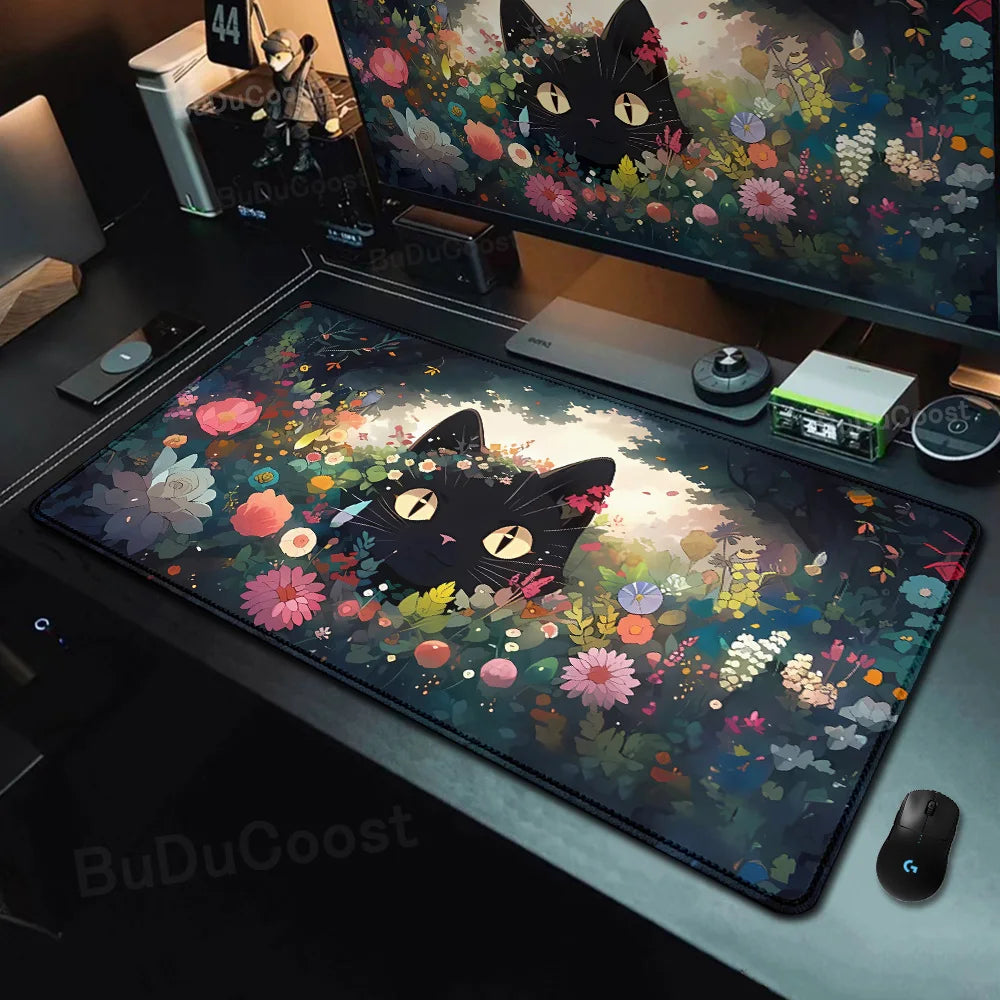 Kawaii Black Cat Mousepad Fast Delivery Keyboard Desk Mat 40x90cm Lock Edge Extend Mouse Pad Starlit Sky Office Table Protection