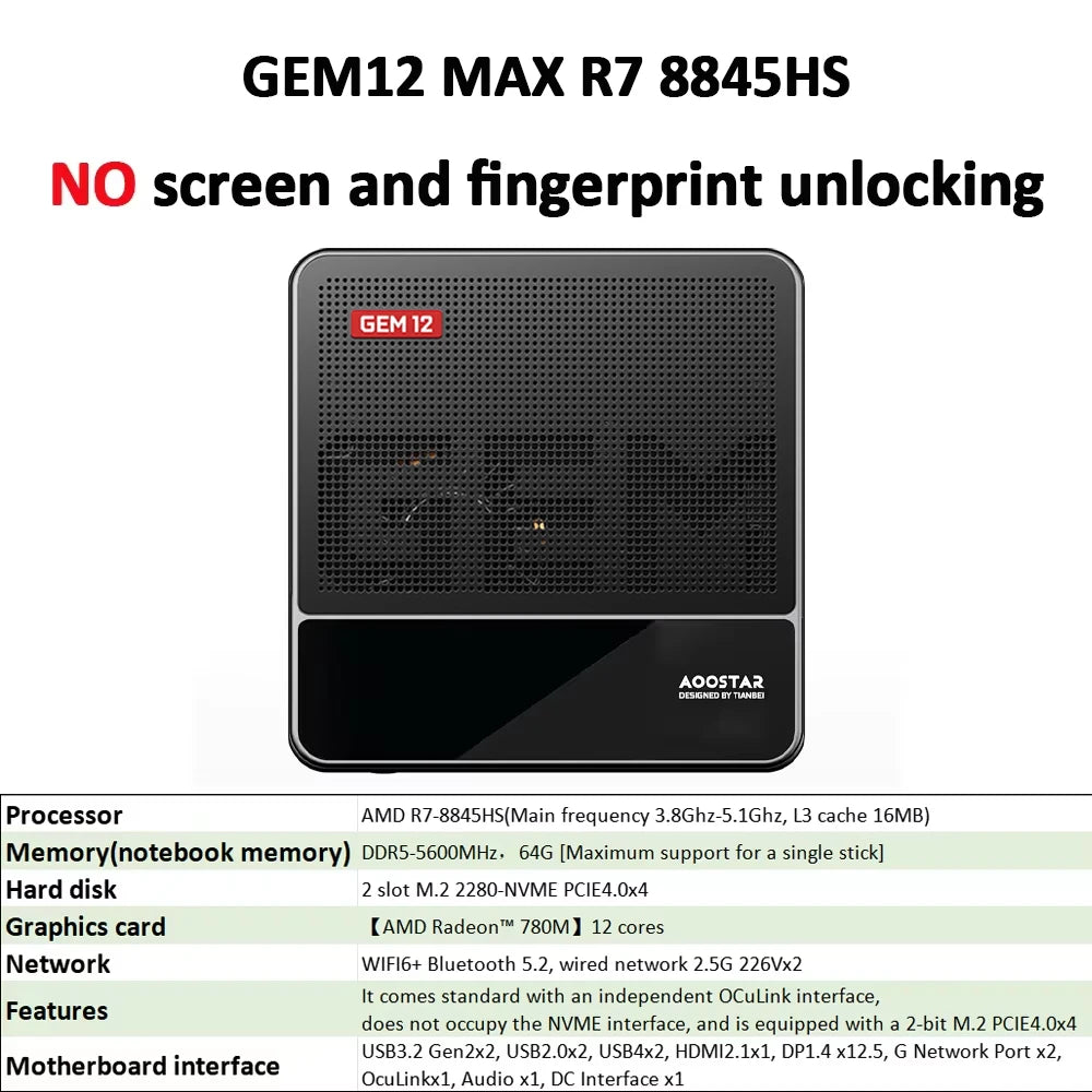 AOOSTAR GEM12 Mini PC Ryzen 7 PRO 8845HS 8C/16T Radeon 780M Dual NVMe OCuLink 70W USB4 for Desktop Gaming Mini PC Computer - WinSupport Tech