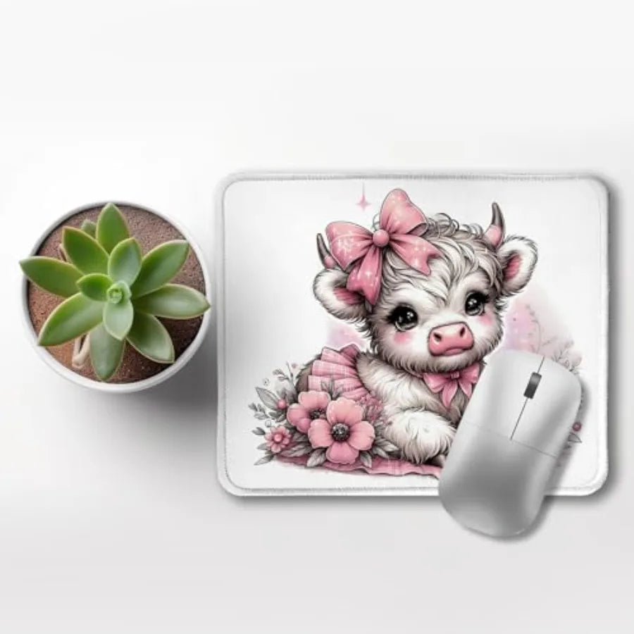 Pink Floral Highland Cow Mouse Pad, Coquette Pink Bow Highland Cow Heifer Mouse Pads Mousepad for Work Gaming Computers Laptop