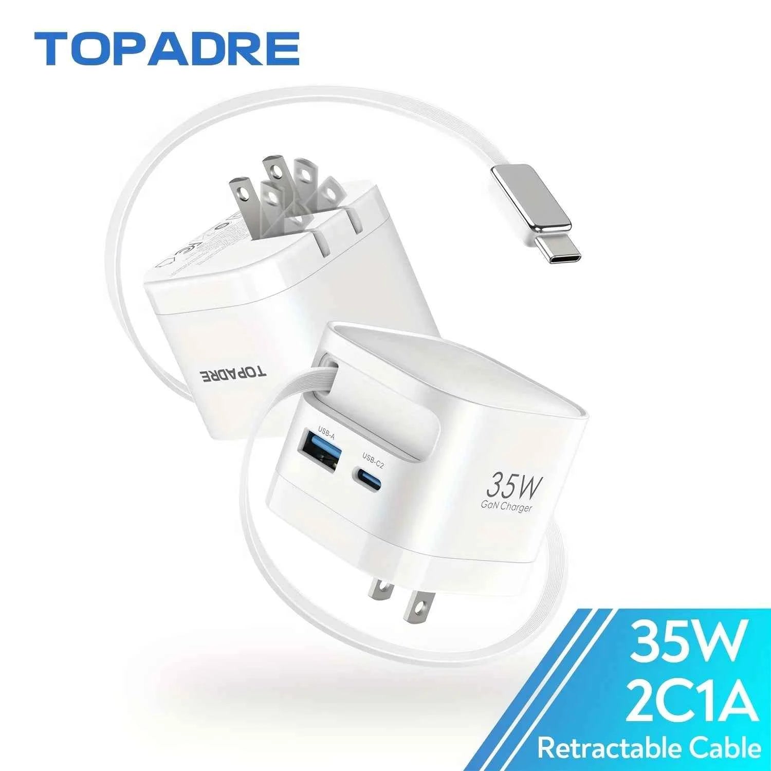 35W GaN Fast Charger with Retractable Cable, Foldable Plug, Quick Charging Block, for iPhone , Samsung , iPad, Android Phones