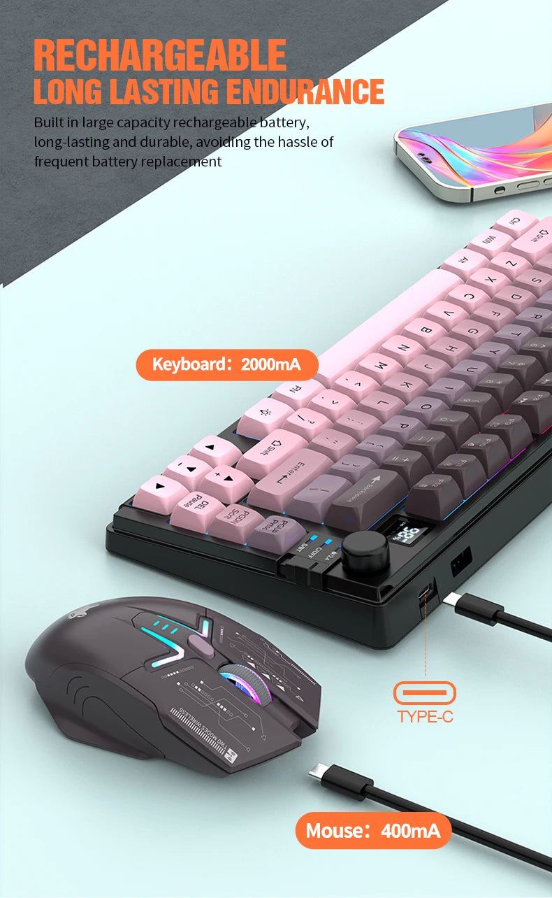 New Dual-Mode 80 Keys Wireless Gaming Keyboard Combo,2.4G/BT5.1 Keyboard Mouse Set With Rainbow-light RGB For PC Office Gaming