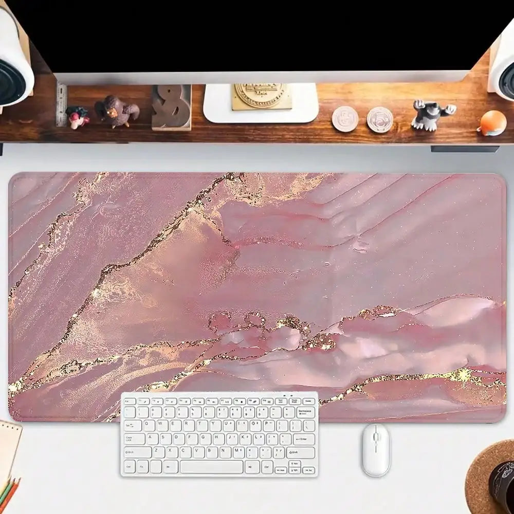 Pink Marble Pattern Gaming Mouse Pad, Gold Extended Desk Mat, Stitched Edge Design, Non-Slip Rubber Base, Suitable For Home Office Decor, Size 35.4x15.7 Inches