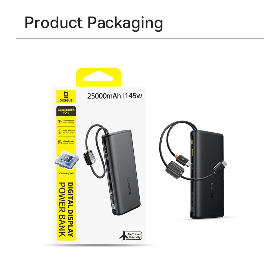 Baseus 145W Power Bank 25000mAh Fast Charging Built-In Type-C Cable Portable Battery Charger for iPhone Samsung MacBook Tablet