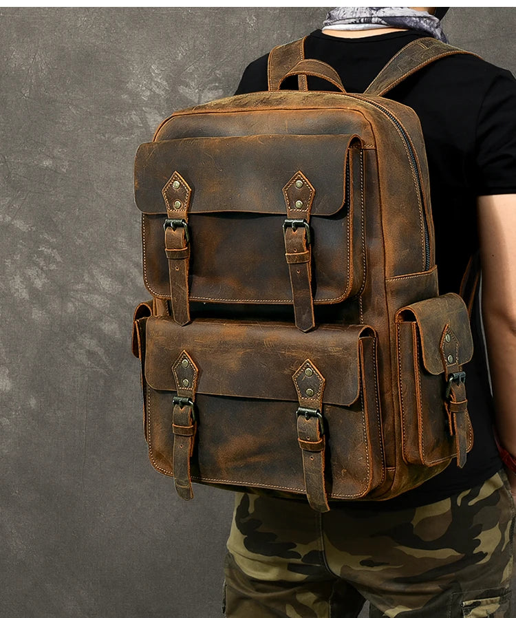 Vintage Crazy Horse Genuine Leather Backpack Men Bagpack Cowhide Hiking Backpack 17