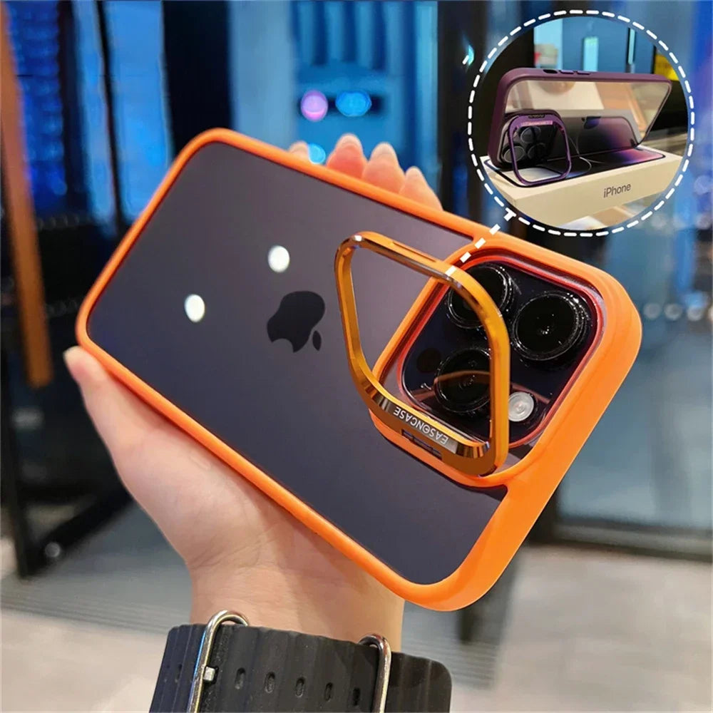 Lens Metal Ring Protector Stand Case For iPhone 15 16 14 13 12 11 Pro Max 16 Plus Camera Glass Protection Transparent Back Cover