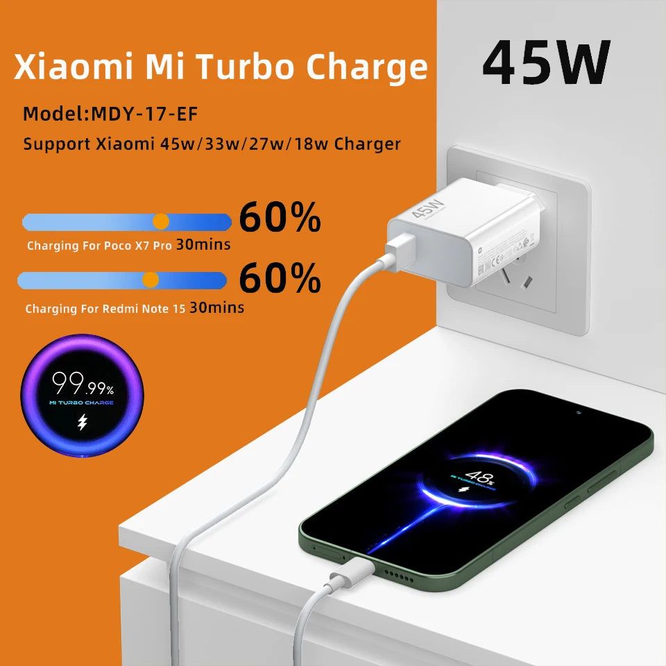 Original XIAOMI Charger 45W 33W Fast Turbo Charge Cable Usb C Travel Adapter Mi 11 10t Pro 10 11s Poco M7 X7 X5 X3 Redmi Note 15