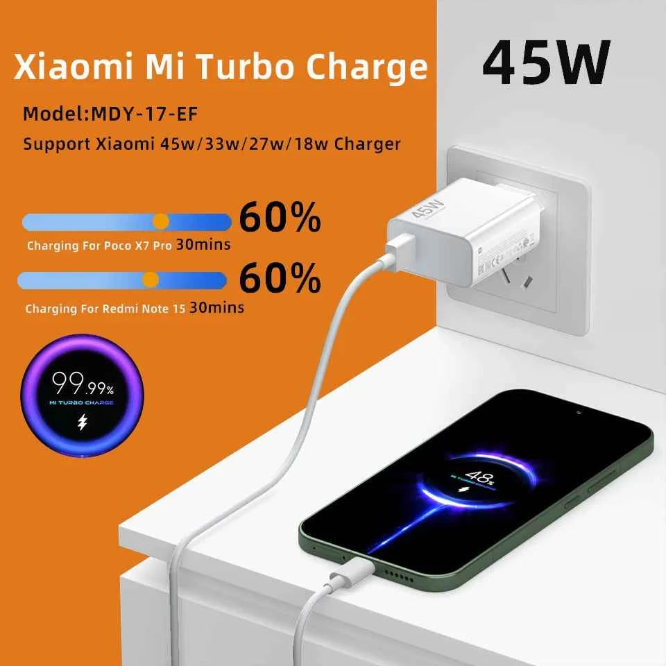 Original XIAOMI Charger 45W 33W Fast Turbo Charge Cable Usb C Travel Adapter Mi 11 10t Pro 10 11s Poco M7 X7 X5 X3 Redmi Note 15