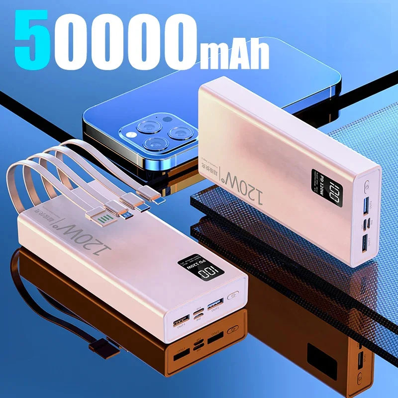 50000mah Power Bank 120W Fast Charging Built-in Cable External Large Battery Portable Charger For iPhone Samsung Xiaomi