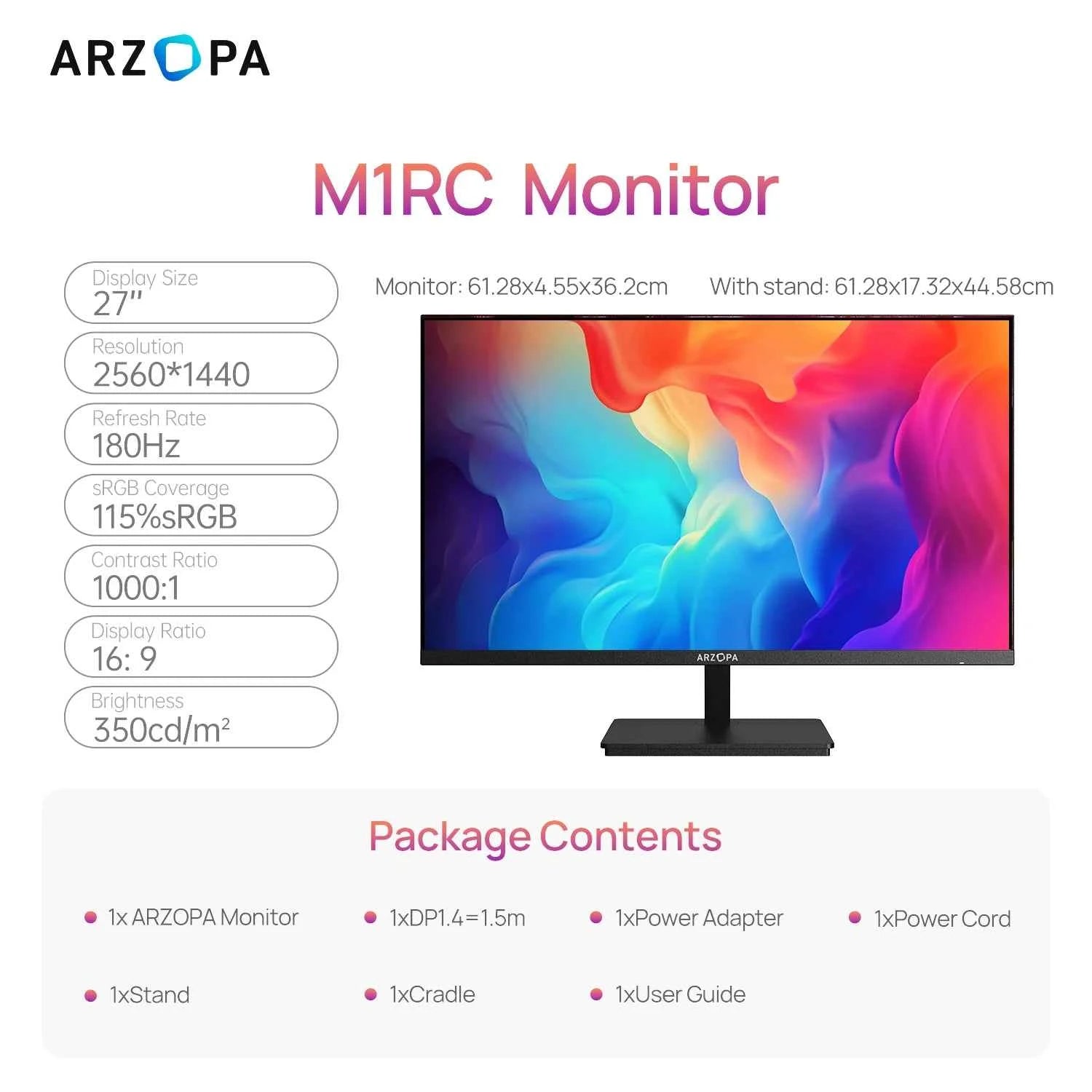 ARZOPA 27inch 180Hz 2K FastIPS QHD PC Monitor 1ms FreeSync Gaming monitor