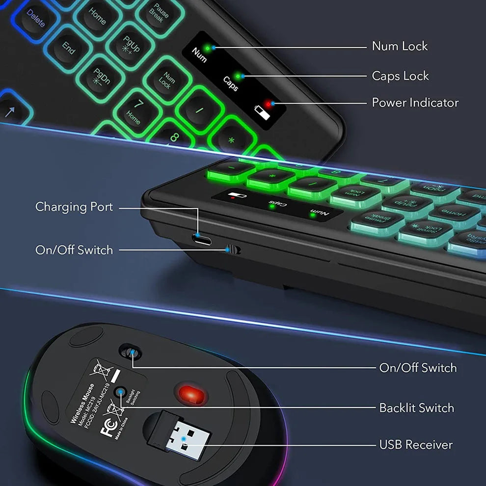 Wireless Keyboard and Mouse Combo Backlit Rechargeable Wireless Keyboard Set USB Cordless Combo for Computer Mac PC Laptop