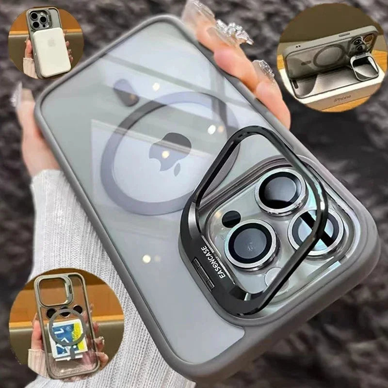 Luxury Magnetic Shockproof Phone Case for iPhone 16/15/14/13/12/11/17 Pro Max with Stand and Glass Lens Case