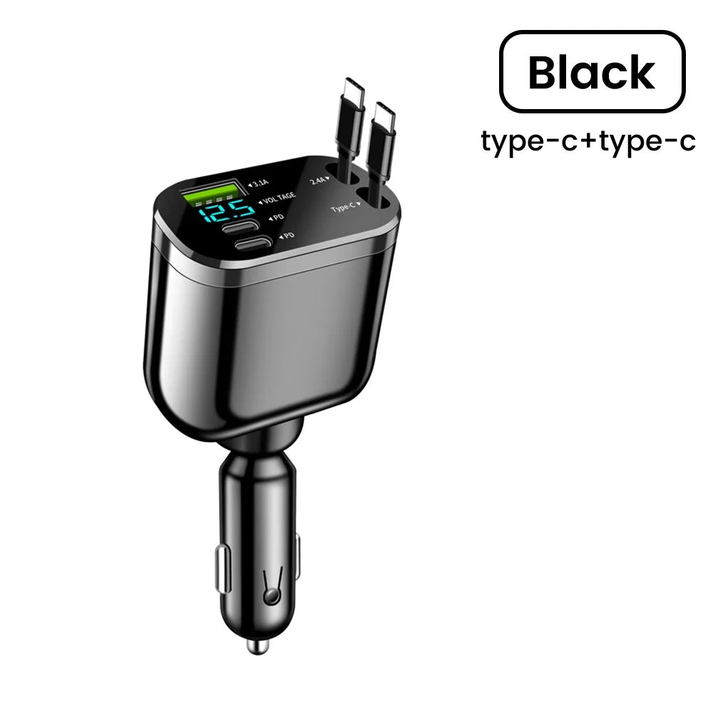 5 IN 1 Car Charger Adapter Fast Charging USB Type C Car Charger with Retractable Type C Cords For iPhone 17 16 15 Pro Samsung