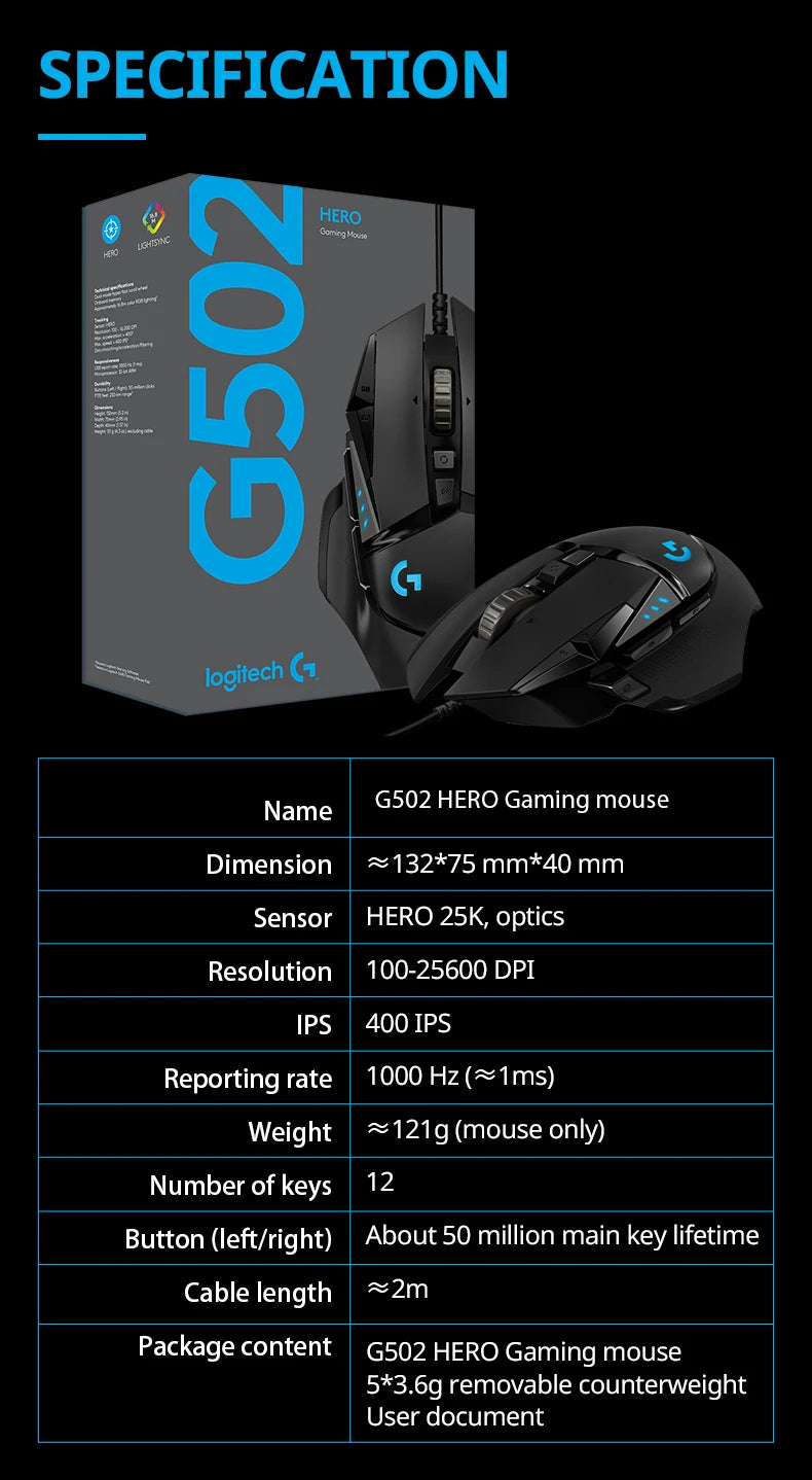 Original Logitech G502 HERO LIGHTSPEED Wired Gaming Mouse Wireless 2.4GHz HERO 25600DPI RGB Suitable For E-Sports Gamers Mouse