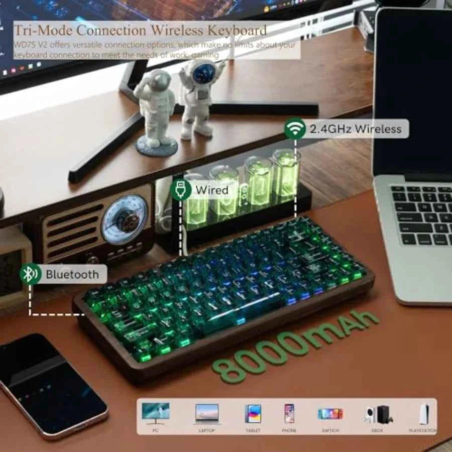 Wireless mechanical keyboard for gaming and office use wood frame natural brown 8000mAh battery life with tri-mode connectivity